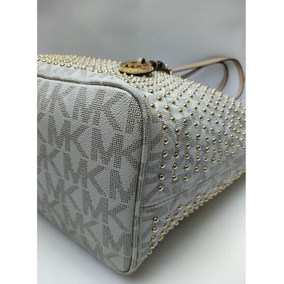 Michael Kors Jet Set Travel Vanilla PVC Leather Gold Studded Large Tote Bag - Picture 9 of 14